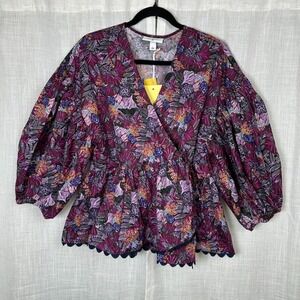 Kika Vargas x Target Floral Puff Sleeve Peplum Wrap Top Large Tropical Vacation